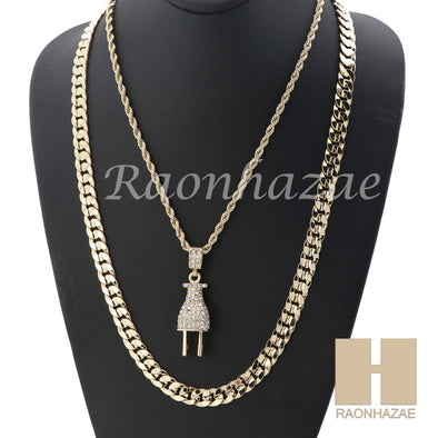 MEN PLUG ROPE CHAIN DIAMOND CUT 30" CUBAN LINK CHAIN NECKLACE SET SS02G - Raonhazae