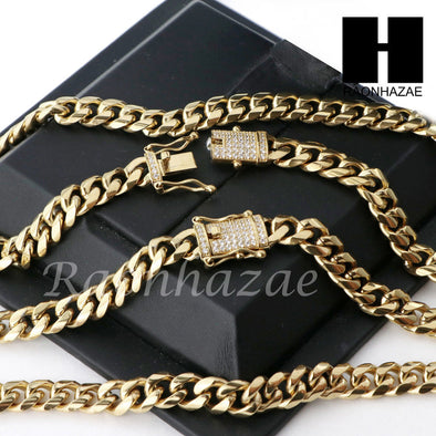 Men 18k Gold Plated 10mm Diamond Clasp Cuban Miami Link Bracelet & Chain Set S02 - Raonhazae