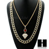 LAB DIAMOND SHAPE 30" CUBAN LINK CHAIN RED RUBY COMBO NECKLACE SET05 - Raonhazae