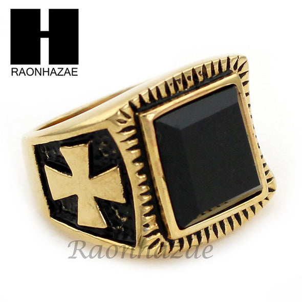 MEN STAINLESS STEEL HIP HOP CROSS 14K GOLD TONE BLACK ONYX RING 8-12 SR032CL - Raonhazae