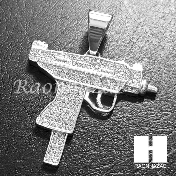 316L Stainless steel Silver Uzi Gun Pendant w/ 5mm Cuban Chain SG31 - Raonhazae