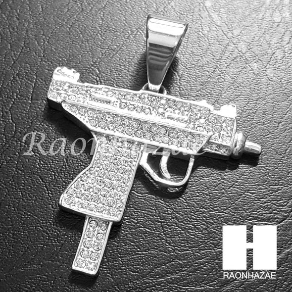 316L Stainless steel Silver Uzi Gun Pendant w/ 5mm Cuban Chain SG31 - Raonhazae