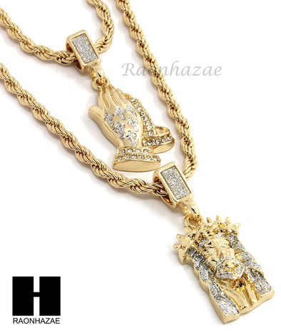 MEN JESUS FACE PRAYING HANDS 24" 30" ROPE CHAIN NECKLACES COMBO SET G38 - Raonhazae