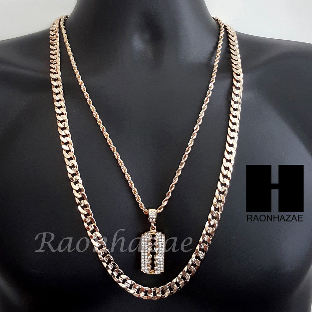 Fashion Iced Barber Shop Razor Blade Pendant & 4mm 24 Rope Chain Bling  Necklace