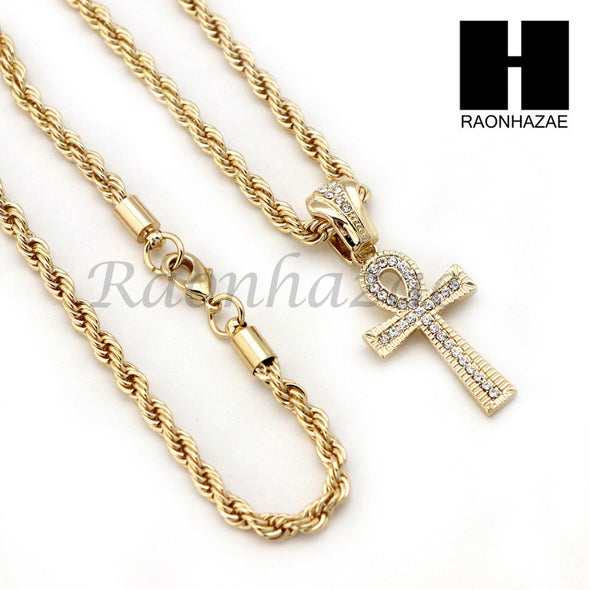 ANKH CROSS ROPE CHAIN DIAMOND CUT 30" CUBAN LINK CHAIN NECKLACE SS07G - Raonhazae