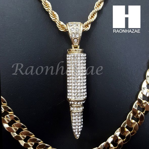 BULLET CHARM ROPE CHAIN DIAMOND CUT 30" CUBAN CHAIN NECKLACE SET G6 - Raonhazae