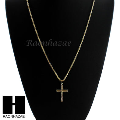 MENS GOLD SILVER MINI CROSS CZ PENDANT 24" ROPE CHAIN NECKLACE SET SC18 - Raonhazae