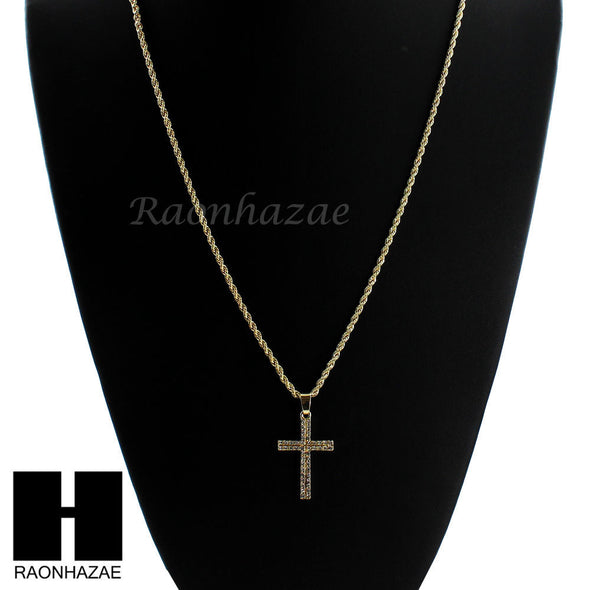MENS GOLD SILVER MINI CROSS CZ PENDANT 24" ROPE CHAIN NECKLACE SET SC18 - Raonhazae