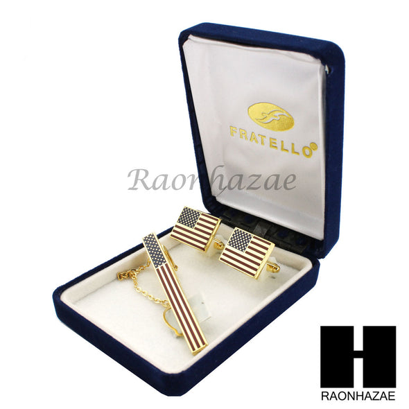 14K GOLD TONE AMERICAN FLAG PRESIDENT CUFFLINKS TIE PIN GIFT BOX03 - Raonhazae