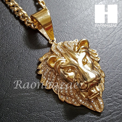 316L Stainless steel Gold Bling King Lion w/ 5mm Cuban Chain SG7 - Raonhazae