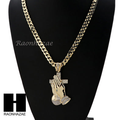 L PRAYING HANDS HOLDING CROSS PENDANT & DIAMOND CUT CUBAN LINK CHAIN 48 - Raonhazae