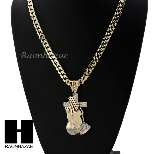 L PRAYING HANDS HOLDING CROSS PENDANT & DIAMOND CUT CUBAN LINK CHAIN 48 - Raonhazae