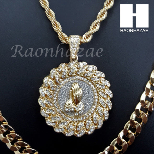 MEDALLION PRAYING HANDS DIAMOND CUT 30" CUBAN CHAIN NECKLACE SET G11 - Raonhazae