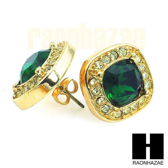HipHop RICK ROSS Gold Tone Micro pave Emerald Green Bling Earrings G131 - Raonhazae