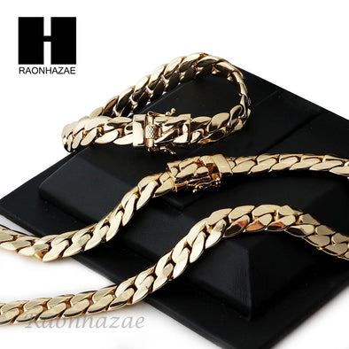 14k Gold Finish Heavy 12mm Miami Cuban Link Chain Necklace Bracelet Various SetE - Raonhazae