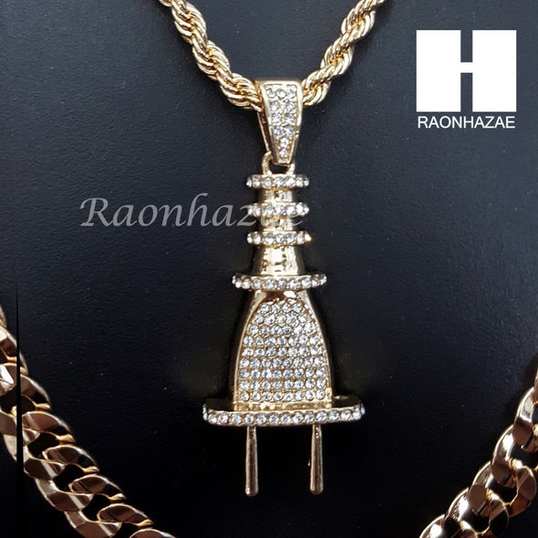 PLUG CHARM ROPE CHAIN DIAMOND CUT 30" CUBAN CHAIN NECKLACE SET G7 - Raonhazae