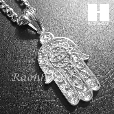 316L Stainless steel Silver Hamsa Pendant w/ 5mm Cuban Chain SG017 - Raonhazae