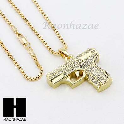 RUBY HANDGUN PLUG PENDANT 24" 30" ROPE BOX CUBAN CHAIN NECKLACE SET S02 - Raonhazae