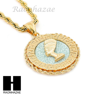 MENS STAINLESS STEEL NEFERTITI MEDALLION PENDANT 24" ROPE CHAIN NECKLACE NP011 - Raonhazae