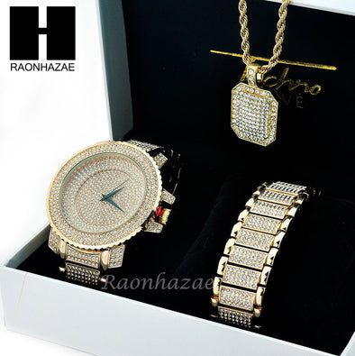 TECHNO PAVE 14K GOLD TONE LAB DIAMOND WATCH BRACELET NECKLACE SET SW201 - Raonhazae