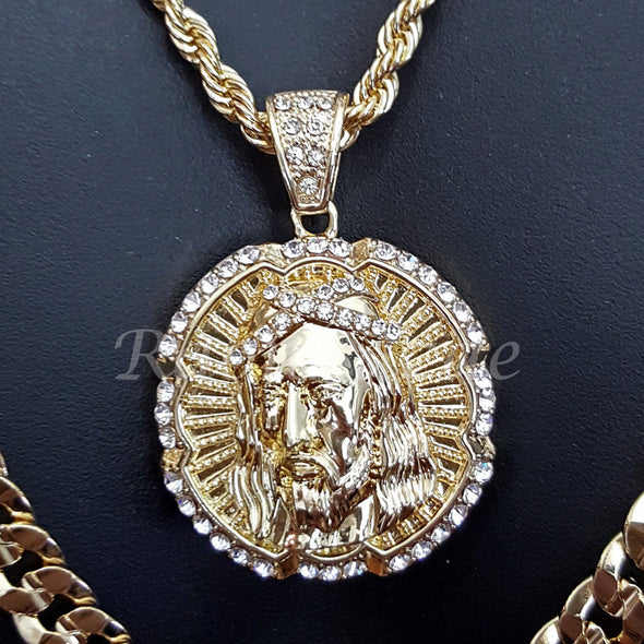 JESUS FACE ROPE CHAIN DIAMOND CUT 30" CUBAN CHAIN NECKLACE SET G22 - Raonhazae