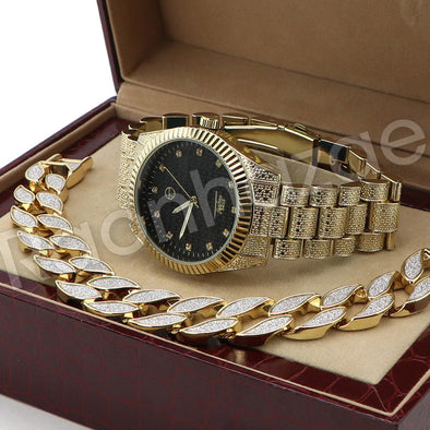 Hip Hop 14K Gold PT Black Face Gold Watch Sandblast Bracelet Set F32G - Raonhazae