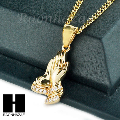 MENS STAINLESS STEEL PRAYING HANDS PENDANT 24" CUBAN NECKLACE SET NP001 - Raonhazae