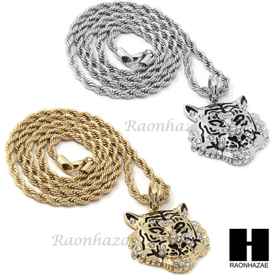 MENS HIP HOP LION COUGAR FACE CZ PENDANT 24" ROPE CHAIN NECKLACE N028 - Raonhazae