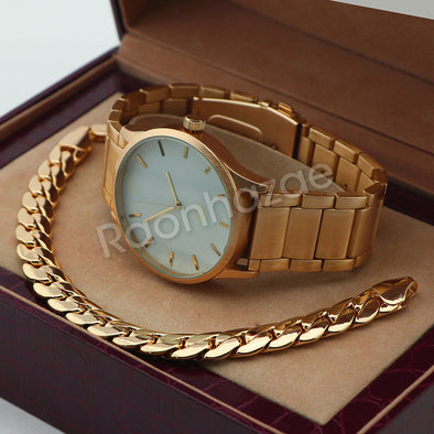 Men 14K Gold PT Round Bezel Metal Band Watch 10mm Gold Miami Cuban Bracelet H83G - Raonhazae