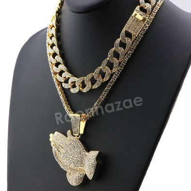 Hip Hop Quavo PRAYING HANDS Miami Cuban Choker Tennis Chain Necklace L03 - Raonhazae