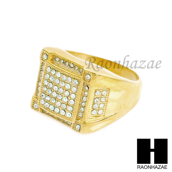 MEN RING 316L STAINLESS STEEL GOLD TONE CZ BLING RING SIZE 8-12 SR002G - Raonhazae