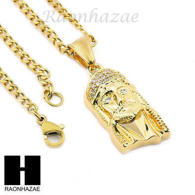 MENS STAINLESS STEEL JESUS FACE CZ PENDANT 24" CUBAN NECKLACE SET NP005 - Raonhazae