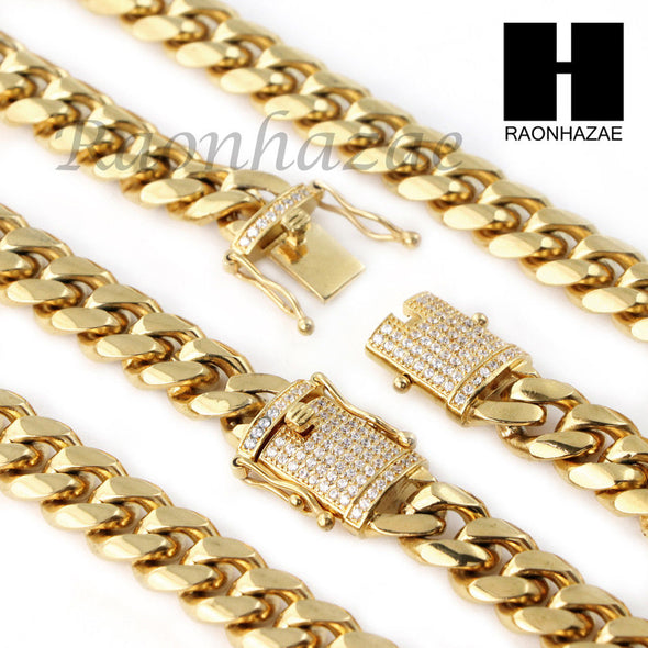 18k Gold Plated 12mm Diamond Clasp Miami Cuban Chain & Bracelet Set S01 - Raonhazae