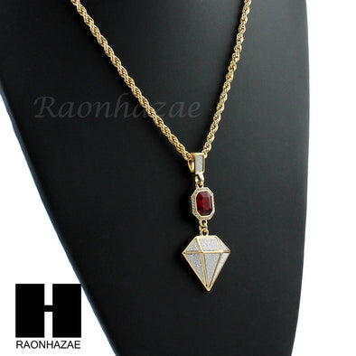 LAB DIAMOND SHAPE 30" CUBAN LINK CHAIN RED RUBY COMBO NECKLACE SET05 - Raonhazae