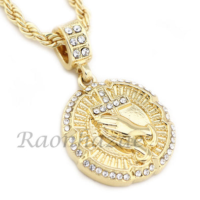 MEN PRAYING HANDS ROUND PENDANT DIAMOND CUT 30" CUBAN ROPE CHAIN NECKLACE G44 - Raonhazae