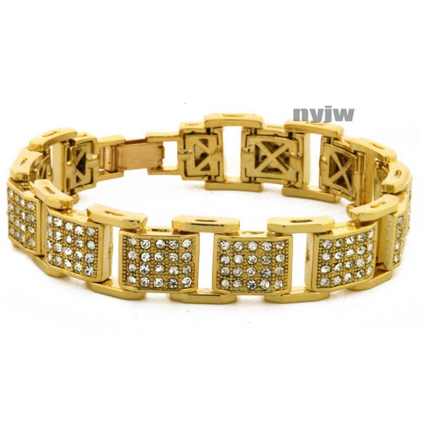 NEW ICED HEAVY GOLD PLATED MICRO PAVE SIMULATED DIAMOND 8.5" BRACELET KB033G - Raonhazae