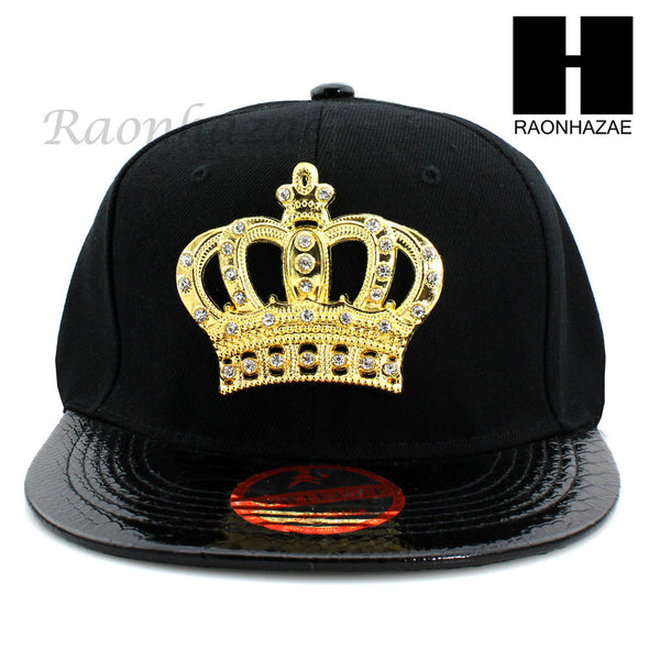 NEW URBAN HIP HOP RAPPER SHINY GOLD CROWN FLAT BILL SNAPBACK GOLD BLACK HAT CAP - Raonhazae