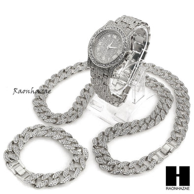 Hip Hop diamond Techno Pave Watch 30" Cuban Stone Chain Bracelet Set S - Raonhazae