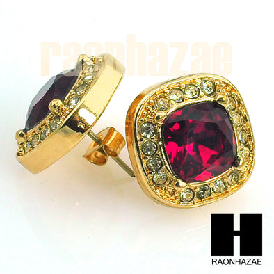 HipHop RICK ROSS Gold Tone Micro pave Red Ruby Big Bling Earrings G130 - Raonhazae