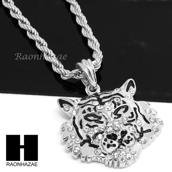 MENS HIP HOP LION COUGAR FACE CZ PENDANT 24" ROPE CHAIN NECKLACE N028 - Raonhazae