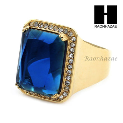 MEN RING 316L STAINLESS STEEL GOLD SAPPHIRE CZ RING SIZE 8-12 SR015BL - Raonhazae