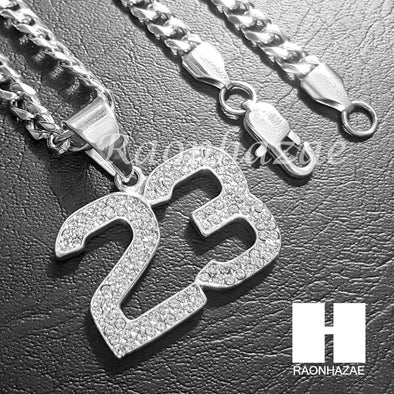 316L Stainless steel Silver Bling Number 23 w/ 5mm Cuban Chain SG5 - Raonhazae