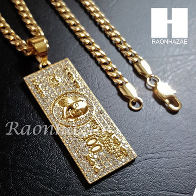 316L Stainless steel Gold $100 Bill w/ 5mm Cuban Chain SG011 - Raonhazae