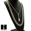 MENS LAB DIAMOND GOLD CUBAN CHAIN RED RUBY JESUS COMBO 2 NECKLACES SET1 - Raonhazae