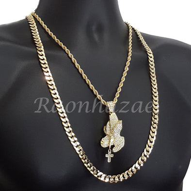 MENS PRAYING HANDS CHARM ROPE CHAIN DIAMOND CUT 30" CUBAN CHAIN NECKLACE SET G43 - Raonhazae