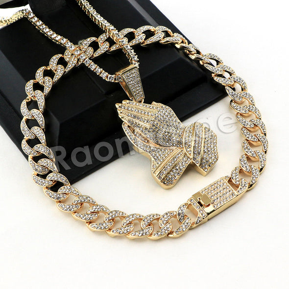 Hip Hop Quavo PRAYING HANDS Miami Cuban Choker Tennis Chain Necklace L05 - Raonhazae