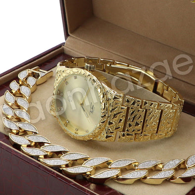 Men Hip Hop 14K Gold PT Luxury Bling Watch Sandblast Bracelet Set F26G - Raonhazae