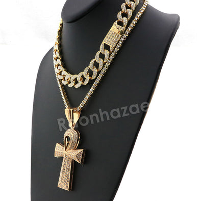 Hip Hop Quavo Ankh Cross Miami Cuban Choker Tennis Chain Necklace L09 - Raonhazae