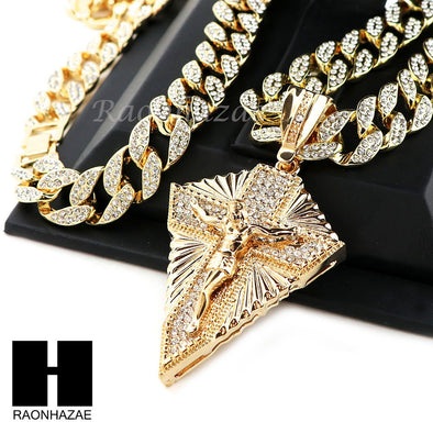 Hip Hop 14k Gold Plated Diamond Jesus Cross Pendant 30" Cuban Chain N06 - Raonhazae