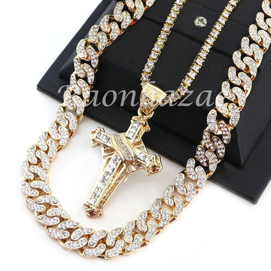 MENS 14K GOLD PT JESUS CROSS 18" TENNIS CHAIN 16" 30" CHOKER CUBAN CHAIN S28G - Raonhazae